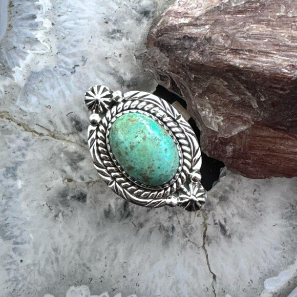 Sterling Southwestern Style Oval Turquoise Decorated Adjustable Ring For Women - Picture 2 of 10